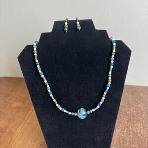 Artisan Hand made blue glass bead & gold filigree bead necklace‎ & earring Set